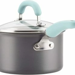Rachael Ray Create Delicious Hard Anodized Nonstick Cookware Pots And Pans Set, 11 Piece, Gray With Light Blue Handles