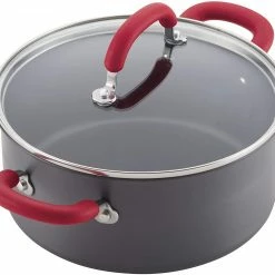 Rachael Ray Create Delicious Hard Anodized Nonstick Cookware Pots And Pans Set, 11 Piece, Gray With Red Handles