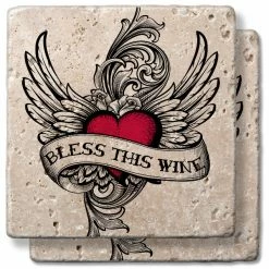 Epic Products Winged Heart Stone Coaster Set Wine Glass Accessories