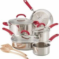 Rachael Ray Create Delicious 10 Piece Stainless Steel Cookware Set, Stainless Steel With Red Handles