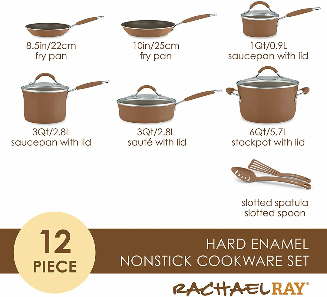 Brand new βοΈ Rachael Ray Cucina 12 Piece Nonstick Cookware Set, Mushroom Brown 𧨠2 Rachael Ray Cucina 12 Piece Nonstick Cookware Set, Mushroom Brown