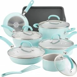 Rachael Ray Create Delicious Nonstick Cookware Pots And Pans Set, 13 Piece, Light Blue Shimmer