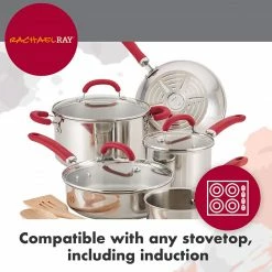 Rachael Ray Create Delicious 10 Piece Stainless Steel Cookware Set, Stainless Steel With Red Handles