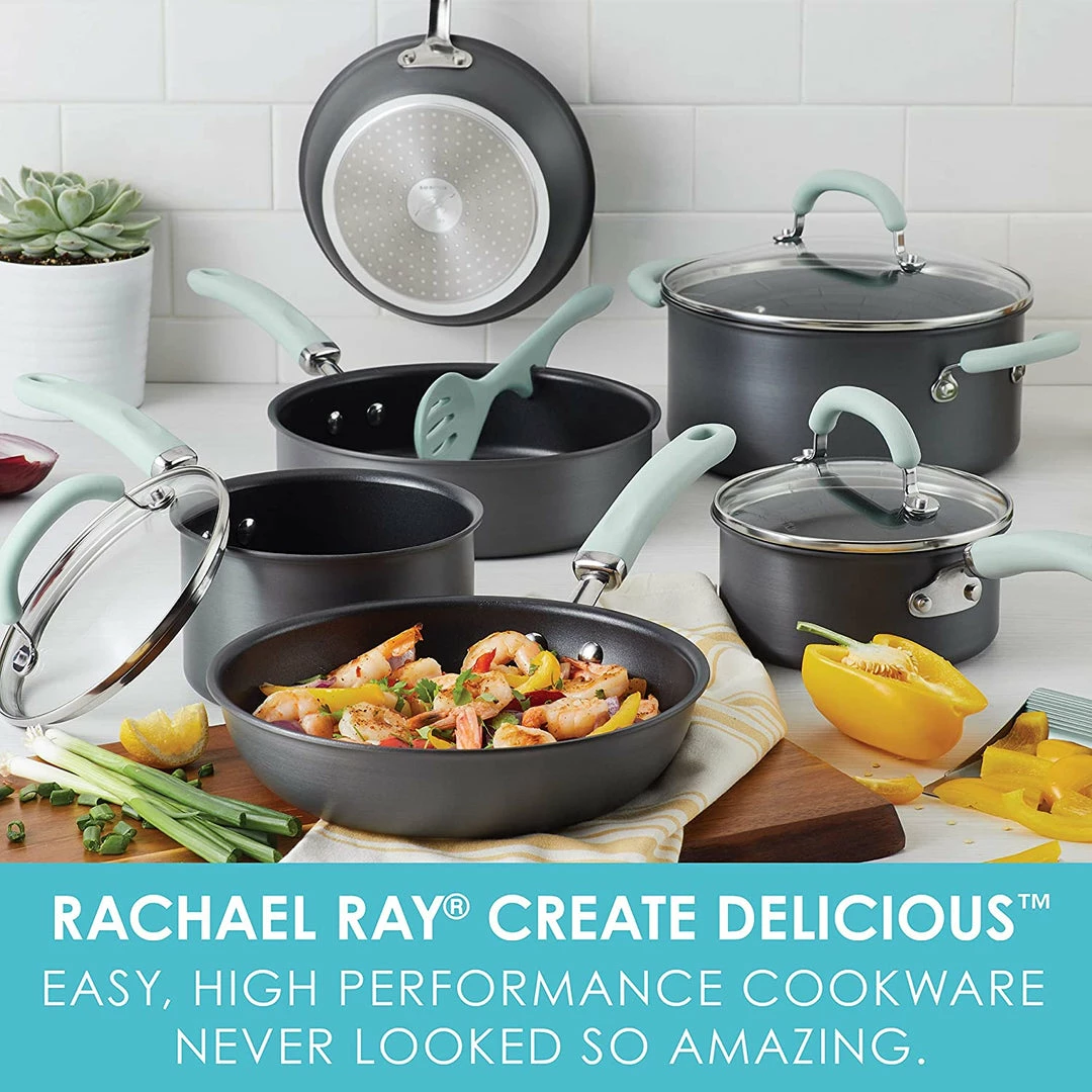 Buy π Rachael Ray Create Delicious Hard Anodized Nonstick Cookware Pots And Pans Set, 11 Piece, Gray With Light Blue Handles π 6 Rachael Ray Create Delicious Hard Anodized Nonstick Cookware Pots And Pans Set, 11 Piece, Gray With Light Blue Handles
