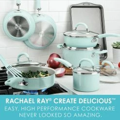Rachael Ray Create Delicious Nonstick Cookware Pots And Pans Set, 13 Piece, Light Blue Shimmer