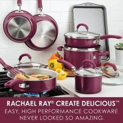 Rachael Ray Create Delicious Nonstick Cookware Pots And Pans Set, 13 Piece, Burgundy Shimmer