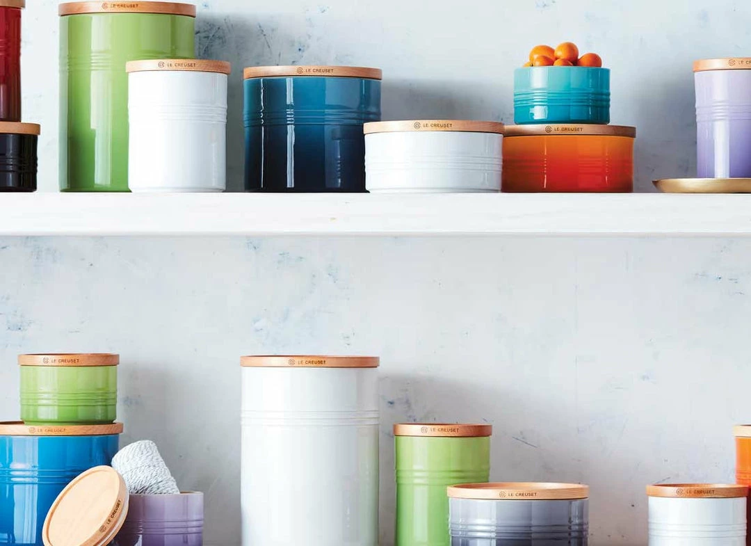 Hot Sale ⌛ Le Creuset 1.5 Quart Stoneware Storage Canister W/Wood Lid Le Creuset Wine & Kitchen Tools ✔️ 4 Le Creuset 1.5 Quart Stoneware Storage Canister W/Wood Lid Le Creuset Wine & Kitchen Tools