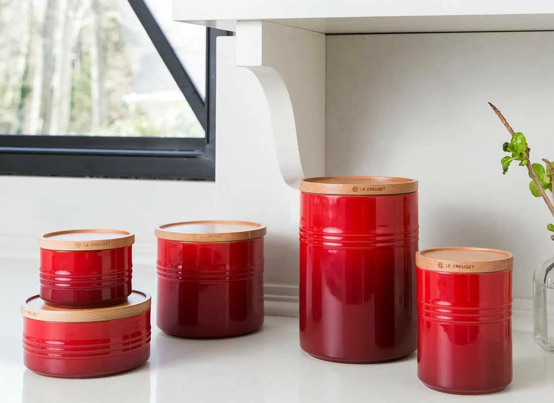 Hot Sale ⌛ Le Creuset 1.5 Quart Stoneware Storage Canister W/Wood Lid Le Creuset Wine & Kitchen Tools ✔️ 6 Le Creuset 1.5 Quart Stoneware Storage Canister W/Wood Lid Le Creuset Wine & Kitchen Tools