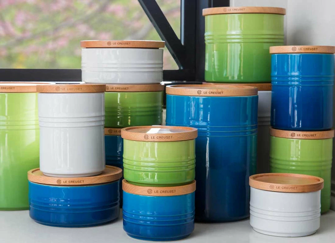 Hot Sale ⌛ Le Creuset 1.5 Quart Stoneware Storage Canister W/Wood Lid Le Creuset Wine & Kitchen Tools ✔️ 5 Le Creuset 1.5 Quart Stoneware Storage Canister W/Wood Lid Le Creuset Wine & Kitchen Tools