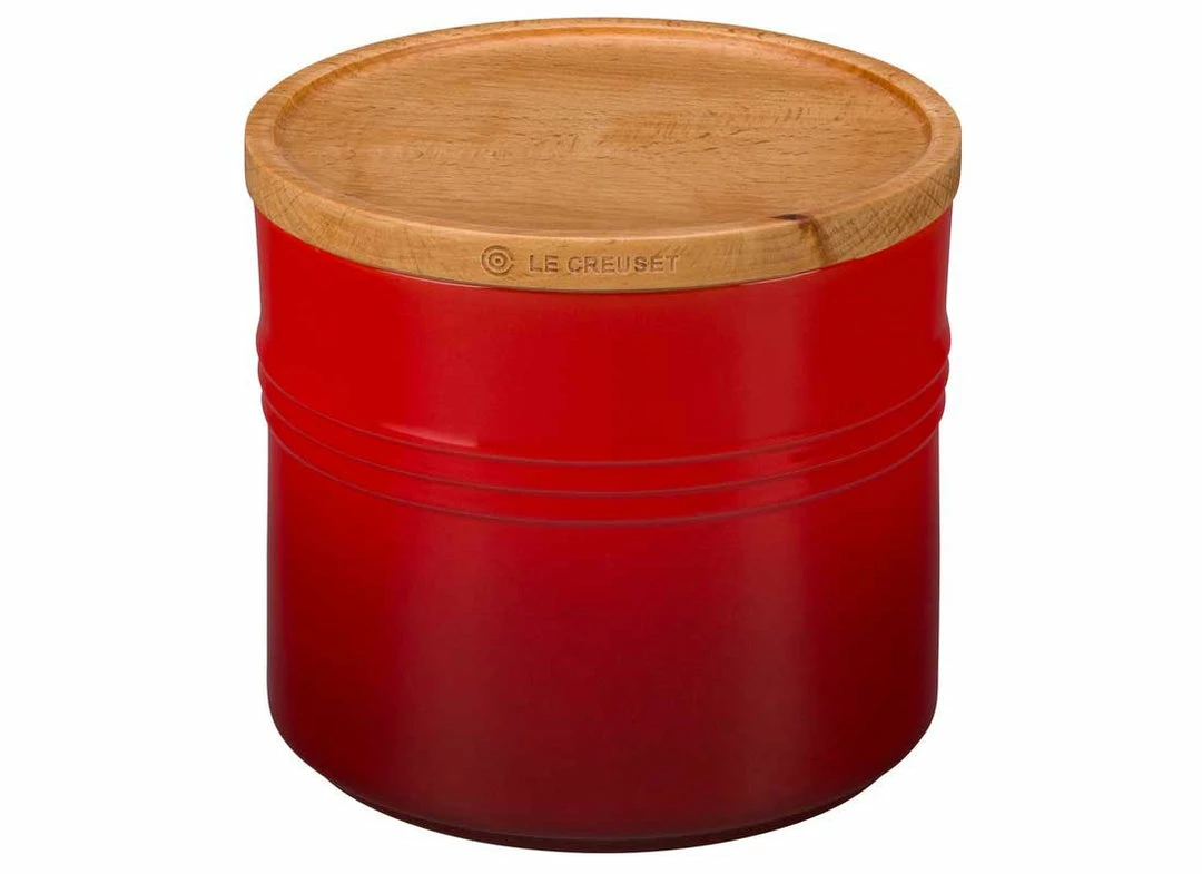 Hot Sale ⌛ Le Creuset 1.5 Quart Stoneware Storage Canister W/Wood Lid Le Creuset Wine & Kitchen Tools ✔️ 3 Le Creuset 1.5 Quart Stoneware Storage Canister W/Wood Lid Le Creuset Wine & Kitchen Tools